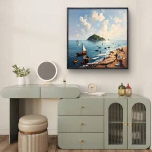 "Serene Coastal Day - Vibrant Beach and Sailboats Painting"